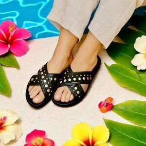 Rebecca Minkoff Tori Black Faux Leather Studded Criss Cross Slide Sandals size 9